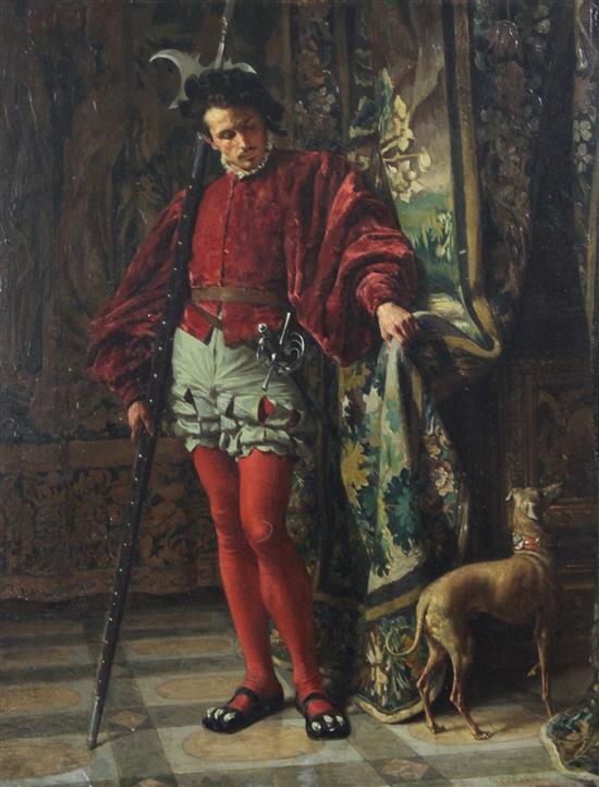 Charles Alexandre Coessin de la Fosse (1829-1910) Florentine guardsmen and a hound beside a doorway, 16 x 13in.